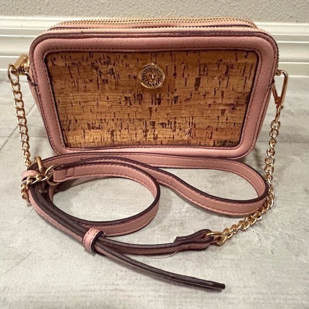 Boho Relove: Ann Klein pink+Gold Cork Camera Crossbody  NWOT